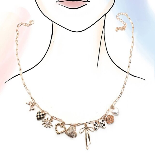 Charm Necklace-Bow Checker Heart Floral | 80N91685