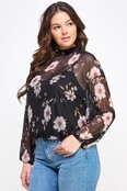 Plus Size Mesh Floral Top W/Cami - Black