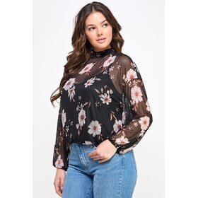 Plus Size Mesh Floral Top W/Cami - Black