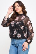 Plus Size Mesh Floral Top W/Cami - Black