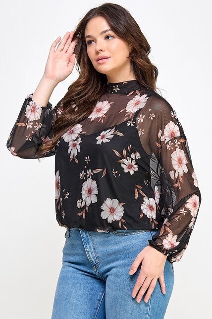 Plus Size Mesh Floral Top W/Cami - Black
