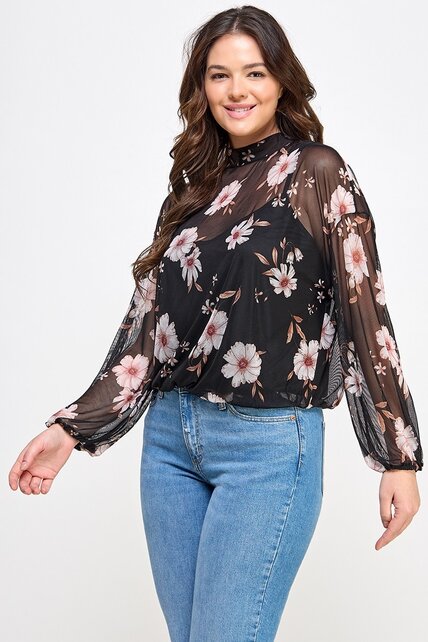 Plus Size Mesh Floral Top W/Cami - Black