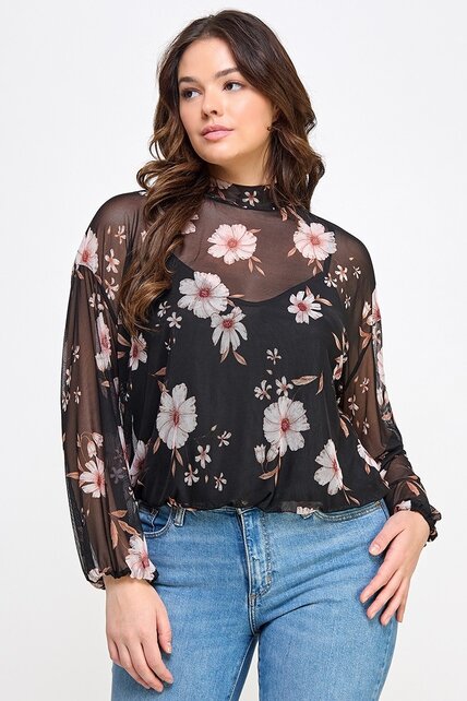 Plus Size Mesh Floral Top W/Cami - Black