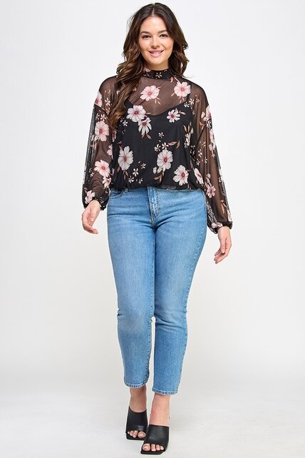 Plus Size Mesh Floral Top W/Cami - Black