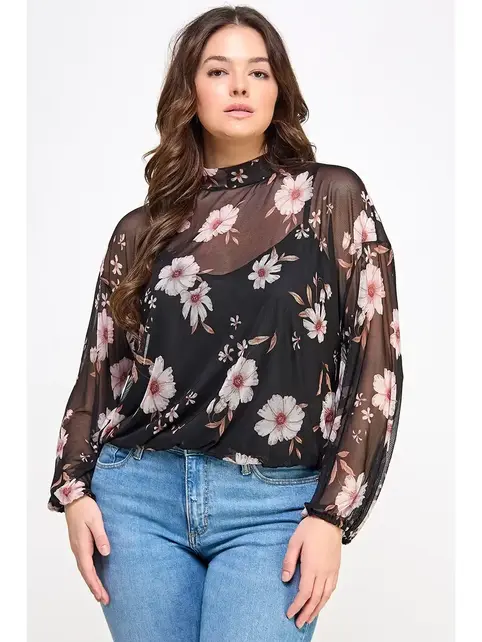 Plus Size Mesh Floral Top W/Cami - Black