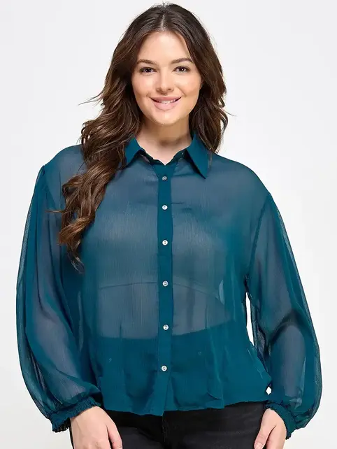 Plus Size Button Down Blouse - Teal