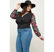 Plus Size Floral Mesh Sleeve Wrap Top - Black