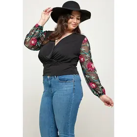 Plus Size Floral Mesh Sleeve Wrap Top - Black