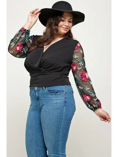 Plus Size Floral Mesh Sleeve Wrap Top - Black