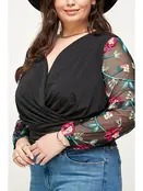 Plus Size Floral Mesh Sleeve Wrap Top - Black
