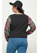 Plus Size Floral Mesh Sleeve Wrap Top - Black