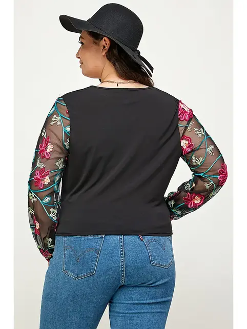 Plus Size Floral Mesh Sleeve Wrap Top - Black