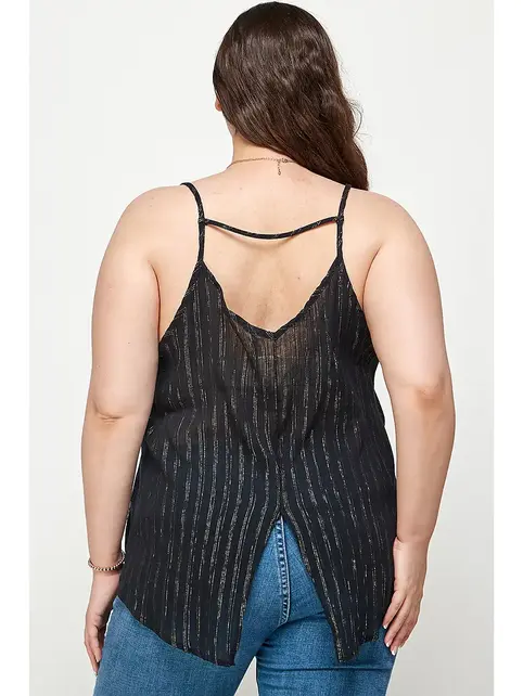 Plus Size Slit Metallic Stripe Tank - Black
