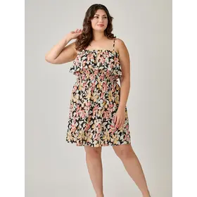 Plus Size Floral Ruffled Tier Dress - Black