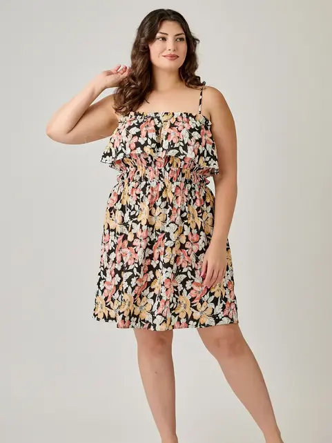 Plus Size Floral Ruffled Tier Dress - Black
