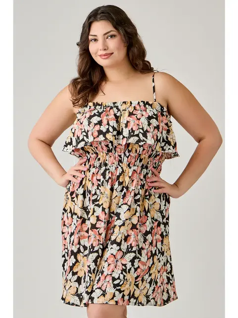 Plus Size Floral Ruffled Tier Dress - Black