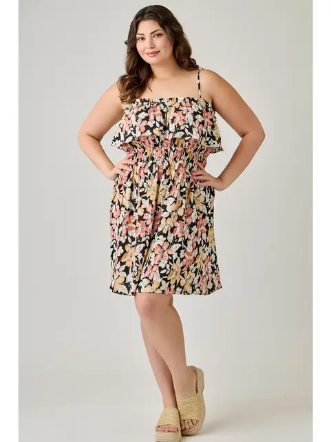Plus Size Floral Ruffled Tier Dress - Black