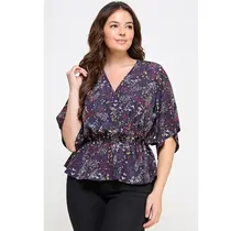 Plus Size Floral Surplice Peplum Top - Navy