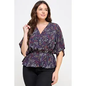 Plus Size Floral Surplice Peplum Top - Navy