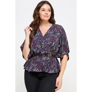 Plus Size Floral Surplice Peplum Top - Navy