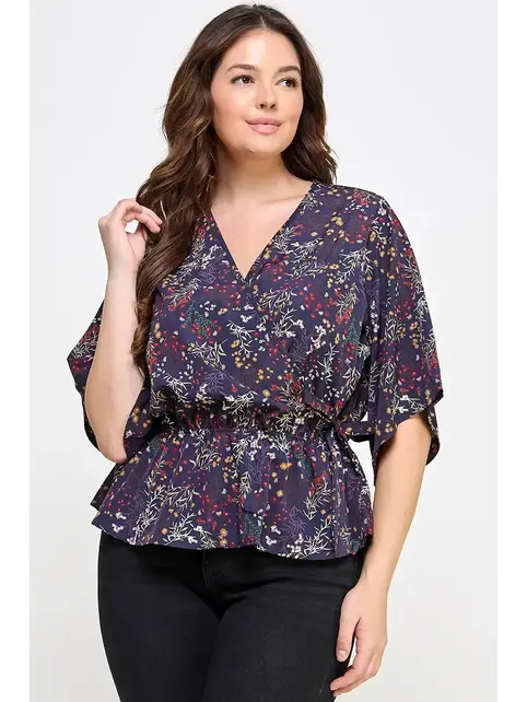 Plus Size Floral Surplice Peplum Top - Navy