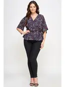 Plus Size Floral Surplice Peplum Top - Navy
