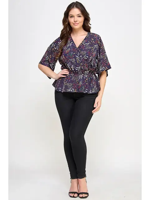 Plus Size Floral Surplice Peplum Top - Navy