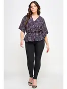 Plus Size Floral Surplice Peplum Top - Navy