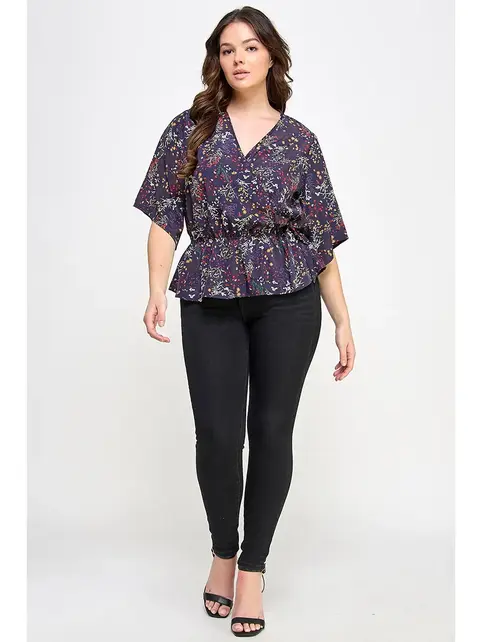 Plus Size Floral Surplice Peplum Top - Navy