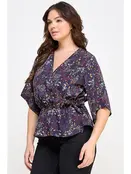 Plus Size Floral Surplice Peplum Top - Navy