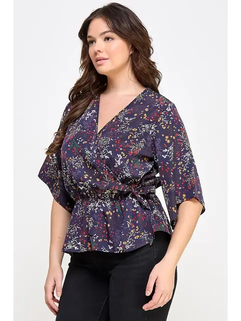 Plus Size Floral Surplice Peplum Top - Navy
