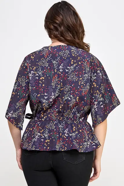 Plus Size Floral Surplice Peplum Top - Navy