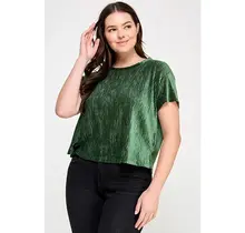 Plus Size Crew Neck Velvet Plisse Tee