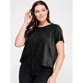 Plus Size Crew Neck Velvet Plisse Tee