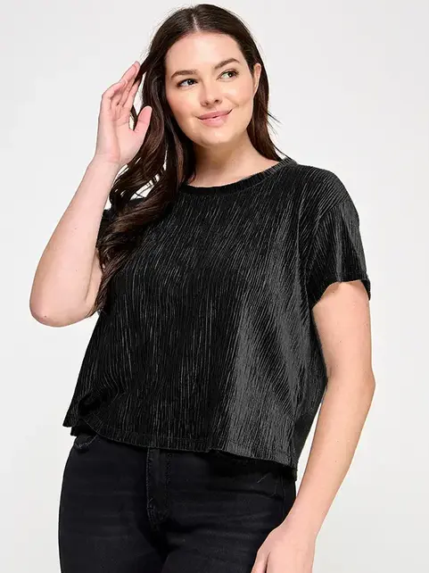 Plus Size Crew Neck Velvet Plisse Tee
