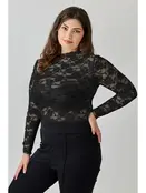 Plus Size Lace Sheer Long Sleeve - Black