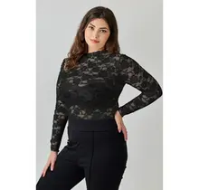 Plus Size Lace Sheer Long Sleeve - Black