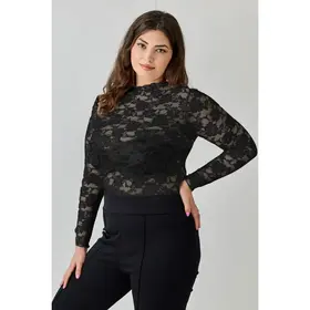 Plus Size Lace Sheer Long Sleeve - Black