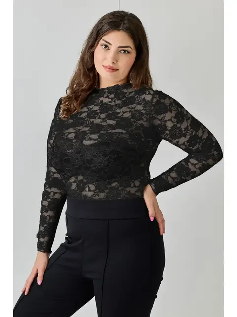 Plus Size Lace Sheer Long Sleeve - Black