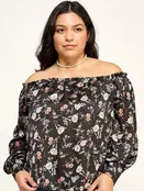 Plus Size Floral Off Shoulder Satin Blouse - Black