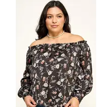 Plus Size Floral Off Shoulder Satin Blouse - Black