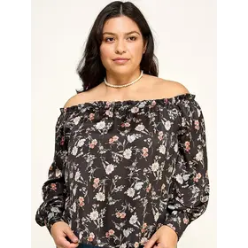 Plus Size Floral Off Shoulder Satin Blouse - Black