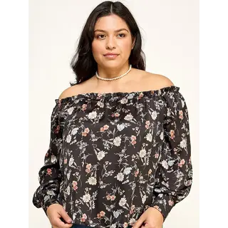 Plus Size Floral Off Shoulder Satin Blouse - Black