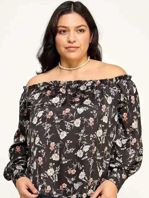 Plus Size Floral Off Shoulder Satin Blouse - Black