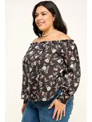 Plus Size Floral Off Shoulder Satin Blouse - Black