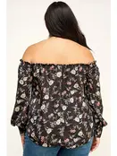 Plus Size Floral Off Shoulder Satin Blouse - Black