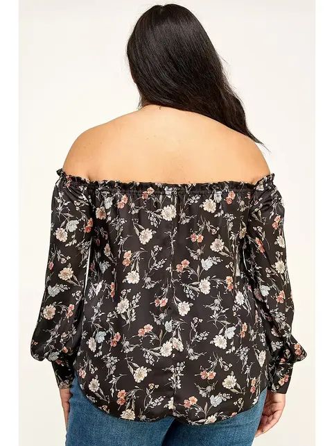 Plus Size Floral Off Shoulder Satin Blouse - Black