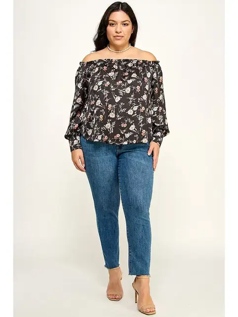 Plus Size Floral Off Shoulder Satin Blouse - Black