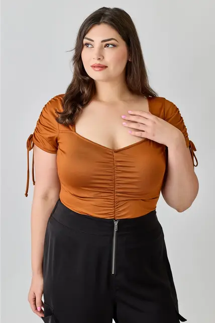 Plus Size Ruched Sweetheart Neck Bodysuit - Copper
