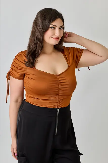 Plus Size Ruched Sweetheart Neck Bodysuit - Copper